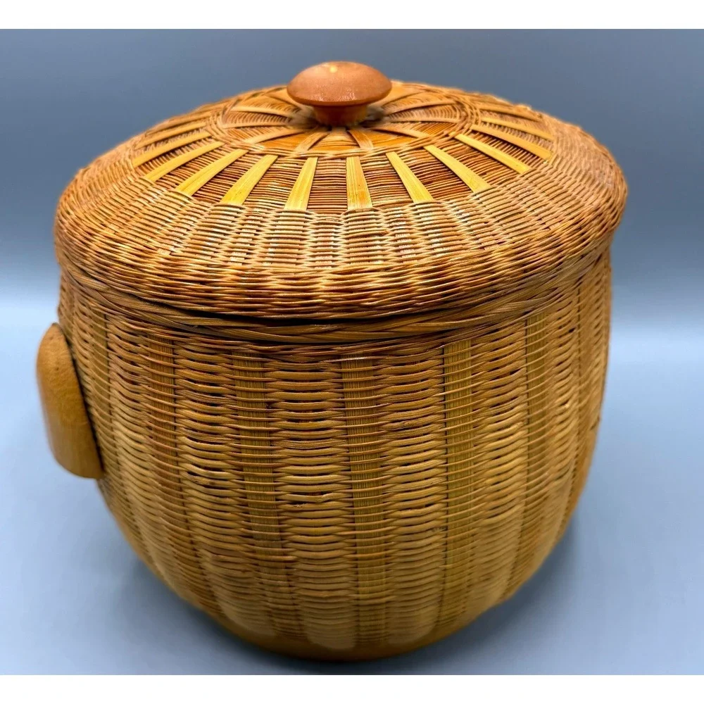 Vintage Wicker Ice Bucket Bird Bamboo Rattan Insulated MCM Tiki Barware 7.5in
